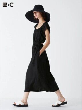 Uniqlo Size S Open Back Short Sleeve Linen Blend Sleeve Dress Square Neck Fairy